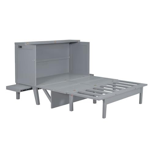 Full Murphy Bed Space-Saving Wall Bed with Storage Shelves and Drawers for Guest Room or Home, Easy to Fold into a Cabinet