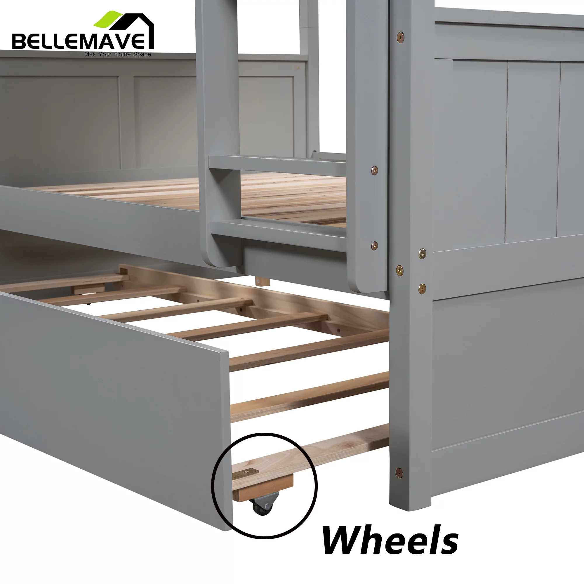 BELLEMAVE Full Over Full Bunk Bed, Wood Bunk Bed Frame with Twin Trundle, Fence Shaped Guardrails, Ladder, Headboard, Convertible into 2 Bed