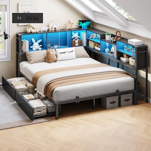 DICTAC Corner Twin Bed Frame with Bookcase Storage and Led Lights Metal Twin Size Platform Beds with Storage and Charging Station Twin Daybed with 2