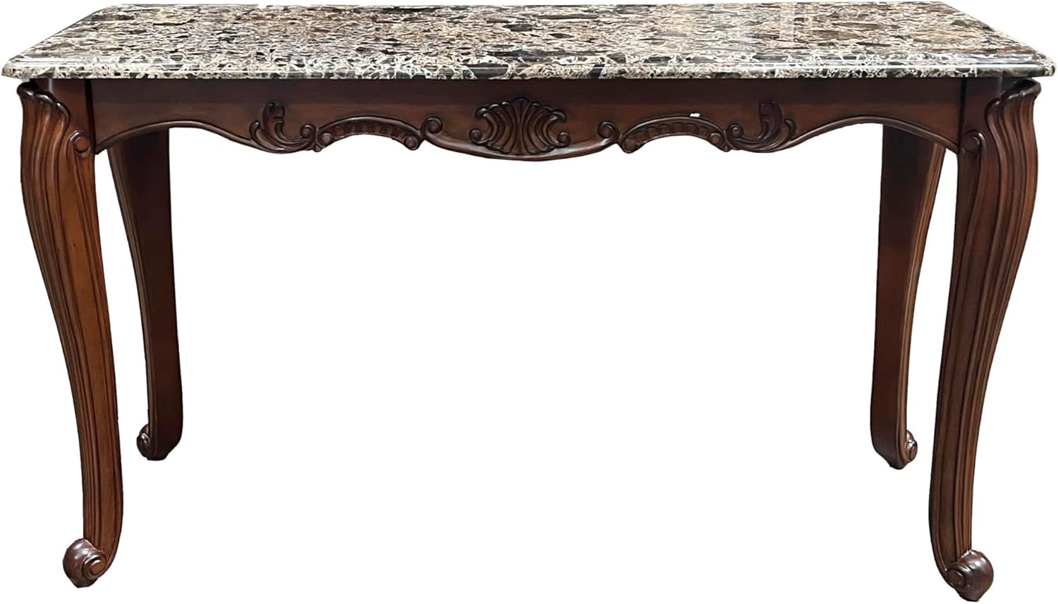 Acme Nayla Marble Rectangular Sofa Table with Floral Legs in Cherry