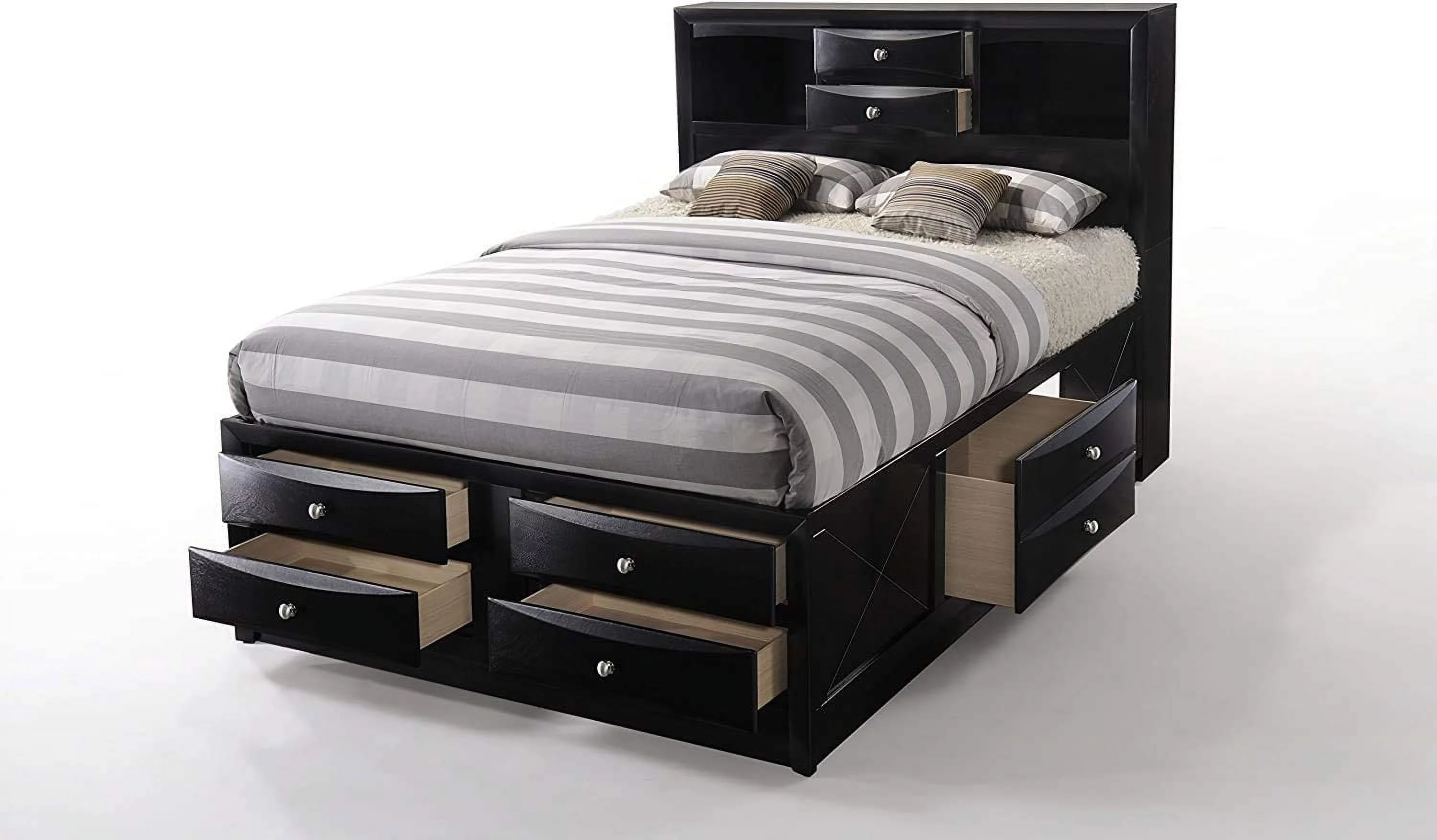 Bowery Hill Transitional Design Queen Size Bed with Storage, Headboard Bookcase in Black