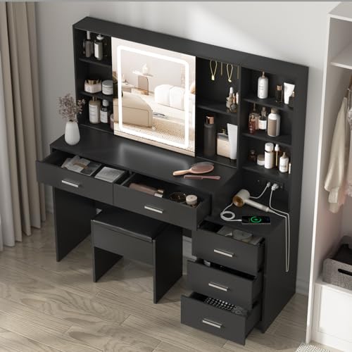 Fameill Vanity Desk with Mirror and Lights, Makeup Vanity with 5 Drawers, Makeup Desk with Charging Station and Ample Storage