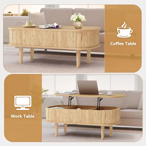Fluted Lift Top Coffee Table with Hidden Compartment, Fully Assembled Wooden Center Table, Modern Oval Lift Tabletop for Home Living Room Office