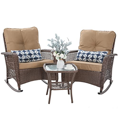 Patio Furniture Set 3 Pieces, Wicker Rocking Bistro Set with Thick Cushions, Outdoor Rocker Chairs and Coffee Table for Porch