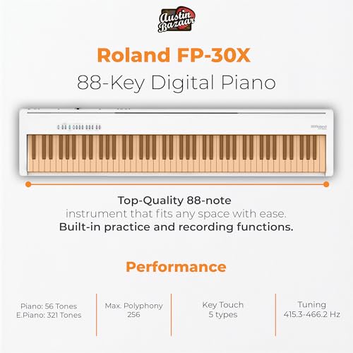 Roland FP-30X 88-Key Digital Piano - Black Bundle with Adjustable Stand, Bench, Sustain Pedal, Online Piano Lessons, Instructional DVD