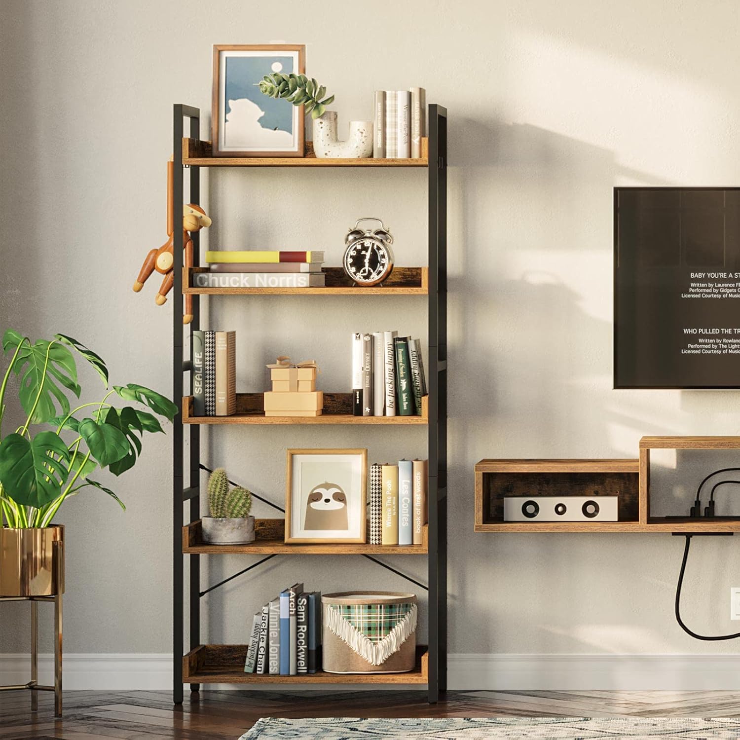 Rolanstar 5 Tier Bookshelf, Industrial Wood Bookcase with 4 Hooks, Vintage Storage Rack with Open Shelves