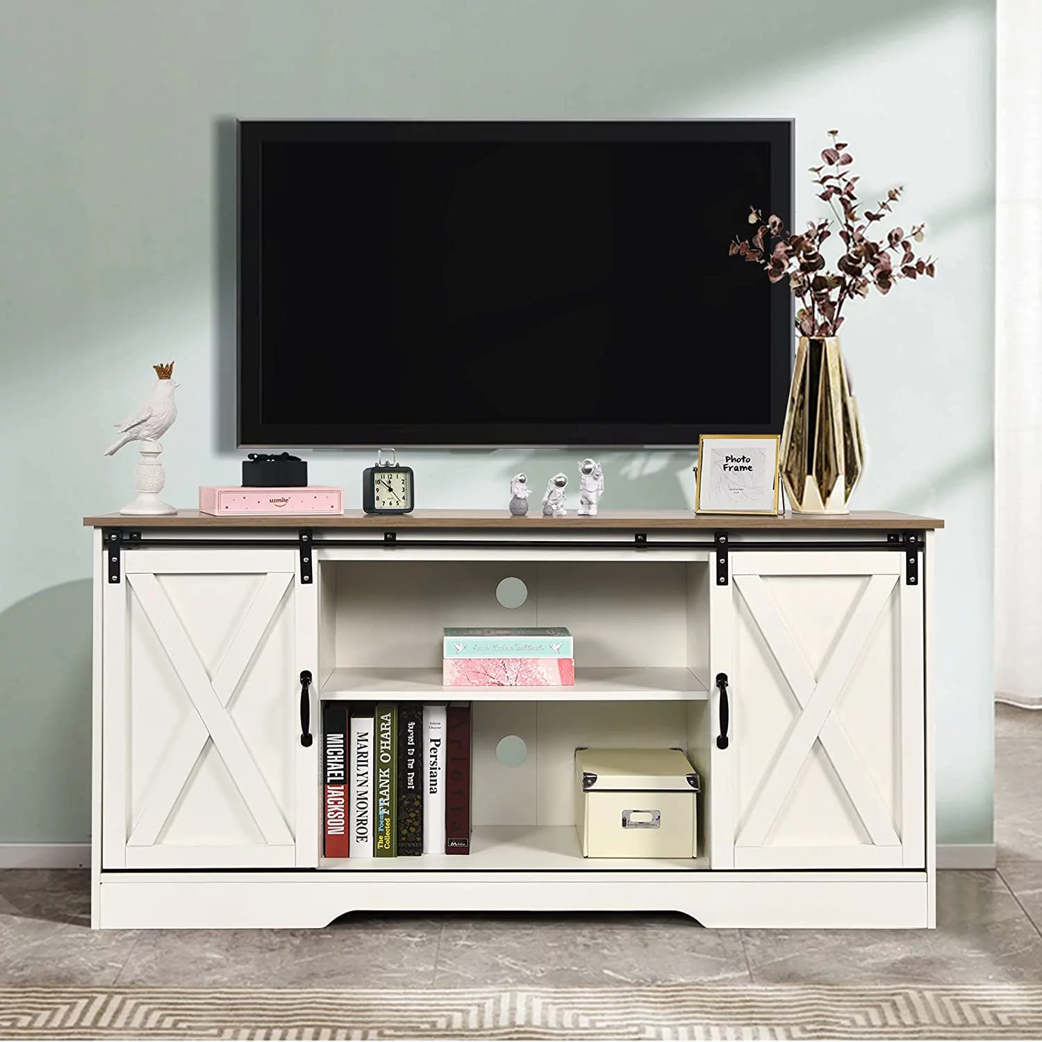 59'' Modern Farmhouse TV Stand for 65 inch TV, Sliding Barn Door Television Stands, Entertainment Center TV Media Console for Living Room, White