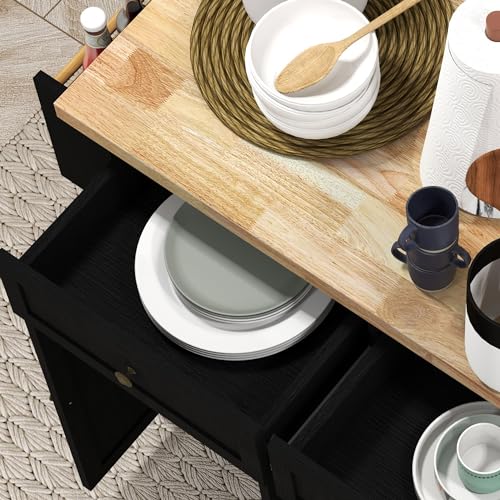 HOMCOM Kitchen Island on Wheels, Rolling Cart with Rubberwood Top, Spice Rack, Towel Rack and Drawers for Dining Room, Navy Blue