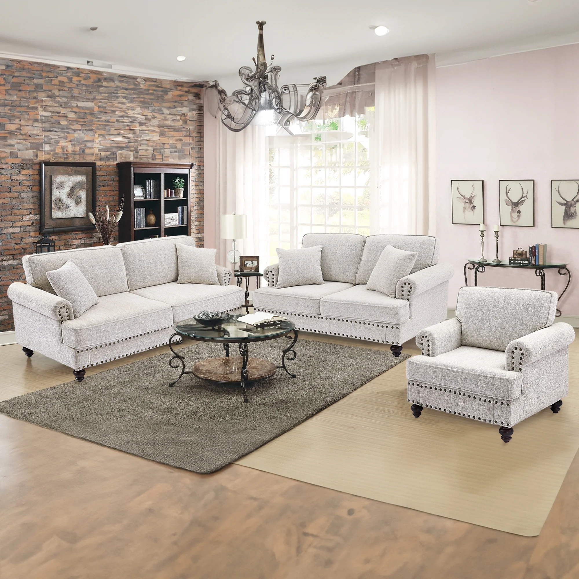 Muumblus Mid-Century Loveseat Sofa, 2 Seater Sofa with Nailhead, 61" Chenille Upholstered Couches for Living Room, White