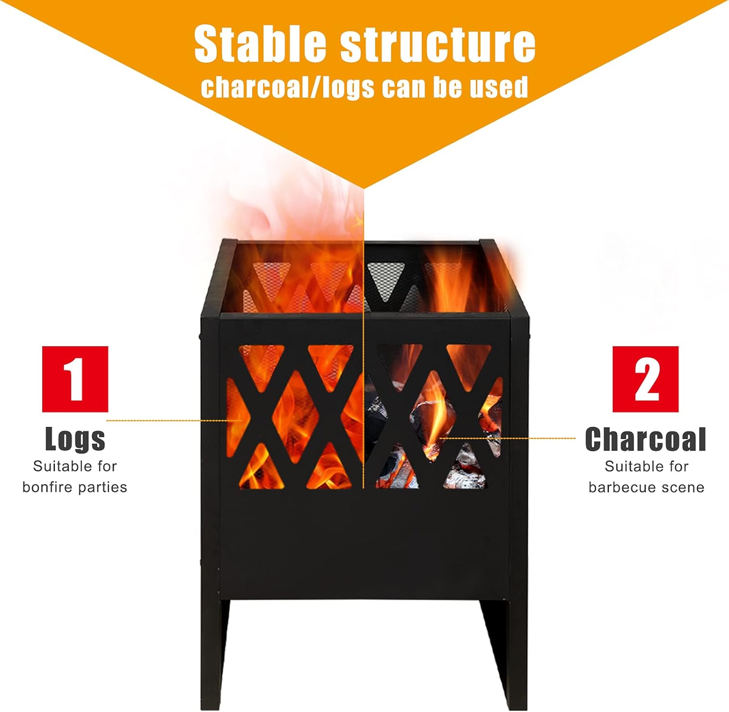 CharaVector Outdoor Wood Burning Burn Barrel Fire Pits 28&rdquo; Large Square Wood Stove