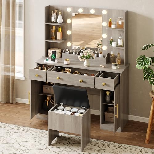 Vanity Desk with Mirror and Lights, Makeup Vanity with Charging Station & Vanity Stool