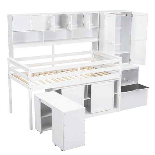 Harper & Bright Designs Full Size Loft Bed with Wardrobe, Wooden Full Loft Bed Frame Big Storage with Under-Bed Desk, Drawers and Shelves, Gray