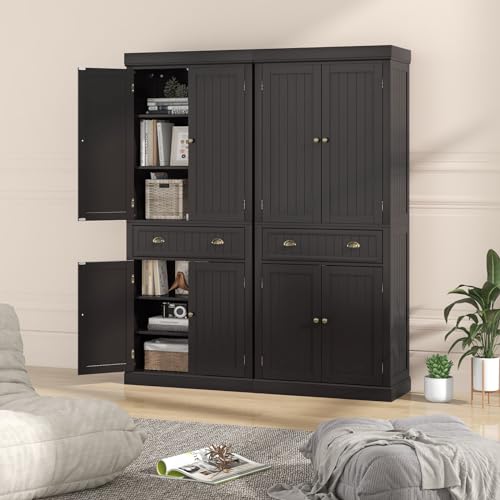Tangkula 72" H Kitchen Pantry Cupboard Cabinet, Traditional Freestanding Large Tall Storage Cabinet with 2 Cabinets and Drawer, Adjustable Shelves