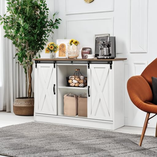 4 EVER WINNER Coffee Bar Cabinet with Sliding Barn Doors, 42” Sideboard Buffet Cabinet with Storage