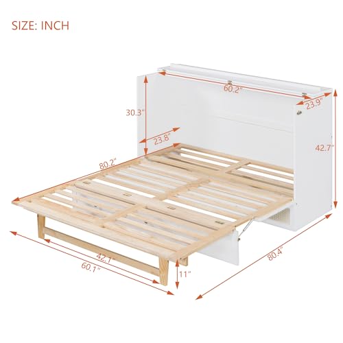 Queen Size Murphy Bed Wall Bed, Solid Pine Murphy Bed Chest Cube Cabinet Bed with USB, Charging Station