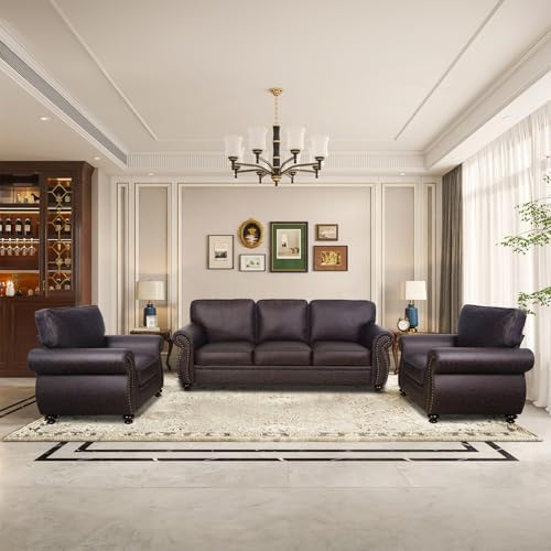 Mid-Century Vintage Sofa Couches with Rivet Design,3-Seater Sofa,Removable Sofa Cover Upholstered Cushions and Solid Wood Frame (Brown, 3-Seater)