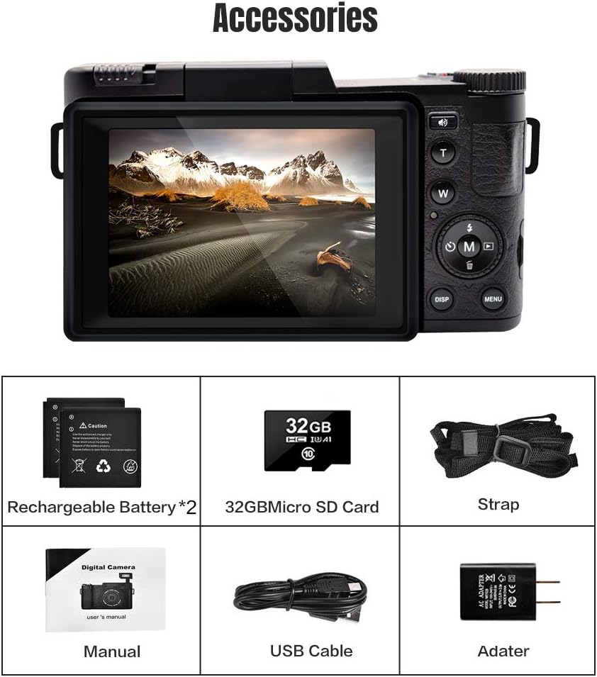 2.7K Digital Camera Vlogging Camera 30MP Full HD Digital Camera with Retractable Flash Light Camera 3 Inch Flip Screen Vlogging Camera for YouTube