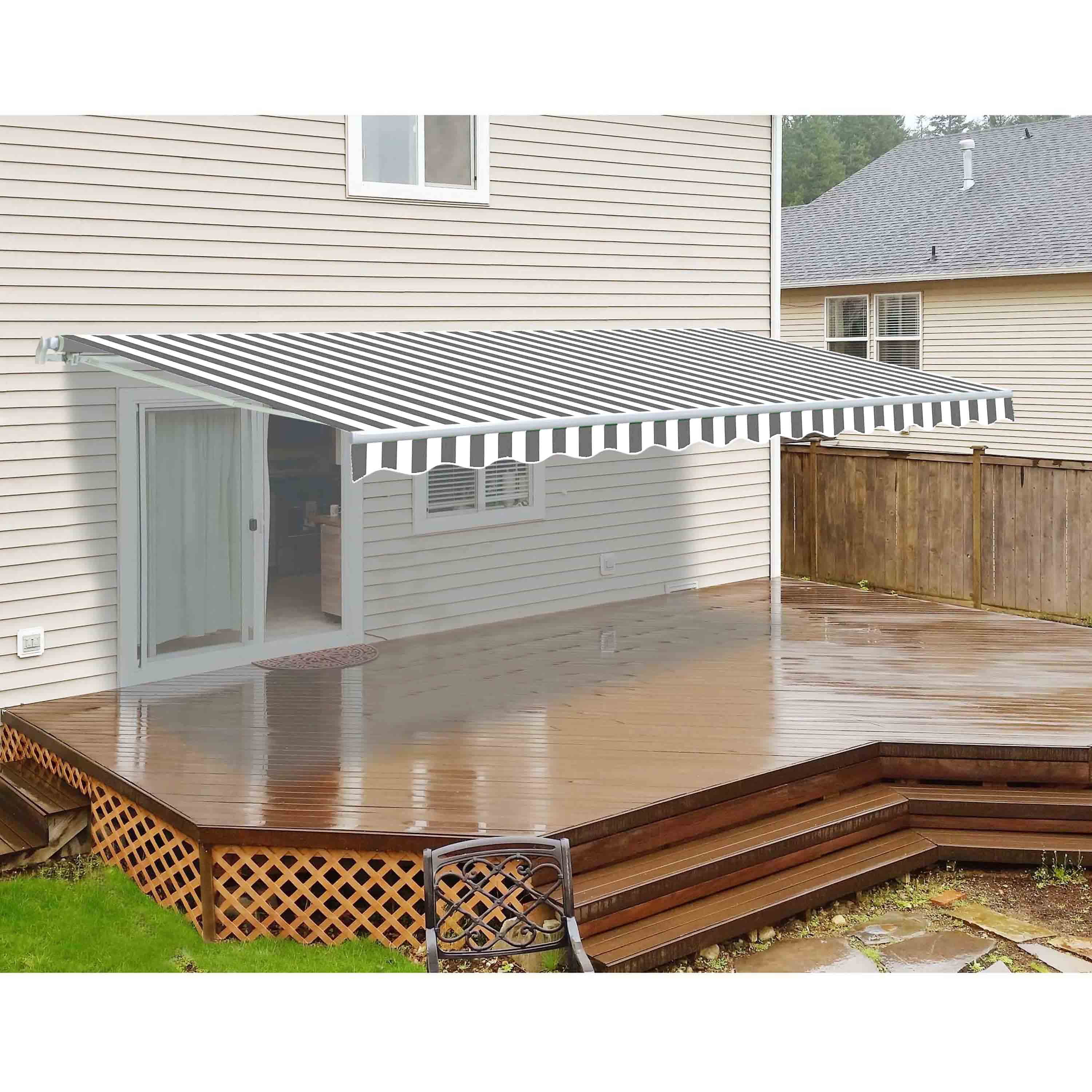 ALEKO 20' x 10' Retractable Motorized Patio Awning, Gray and White Striped Color
