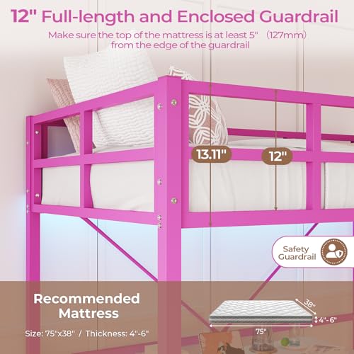 DICTAC Loft Bed Twin Size with Ladder and Guardrail,Metal Twin Loft Bed with Led Lights,Small Space Saving Furniture Design for Bedroom