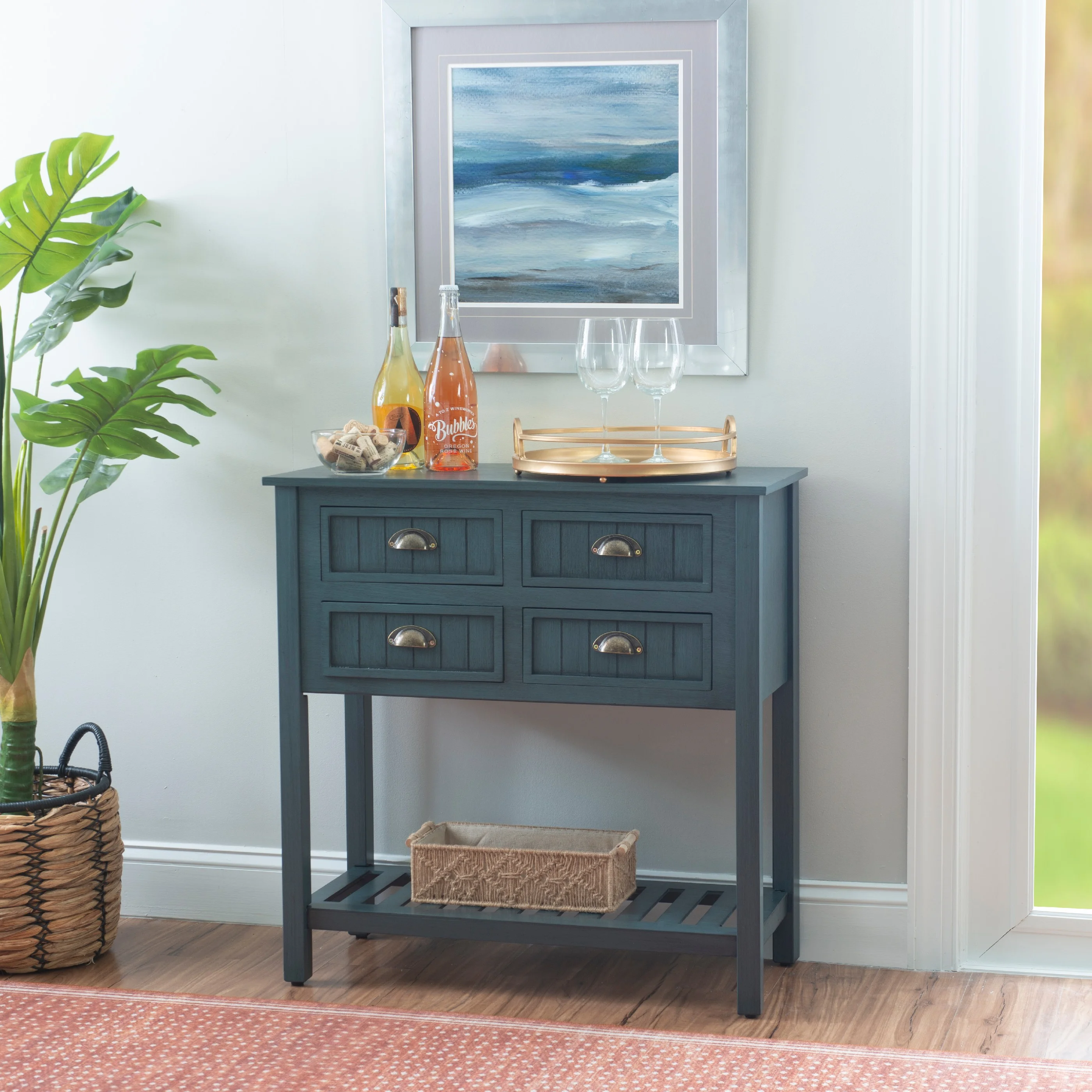 Linon Krista 4-Drawer Beadboard Console Table with Shelf, Antique Navy