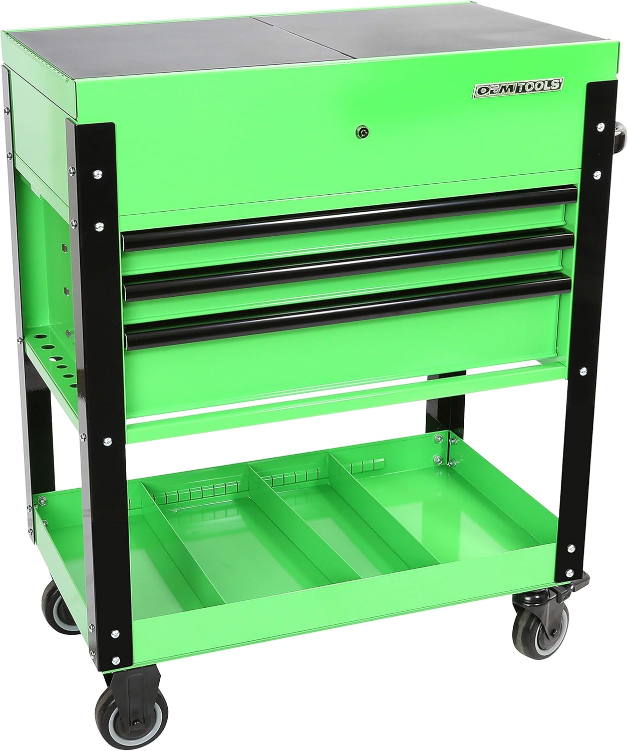 OEMTOOLS 24731 3-Drawer Slide Top Tool Cart, Rolling Tool Chest with Power Supply, Slide-Top Compartment for Easy Access, Quick-Lock Drawers