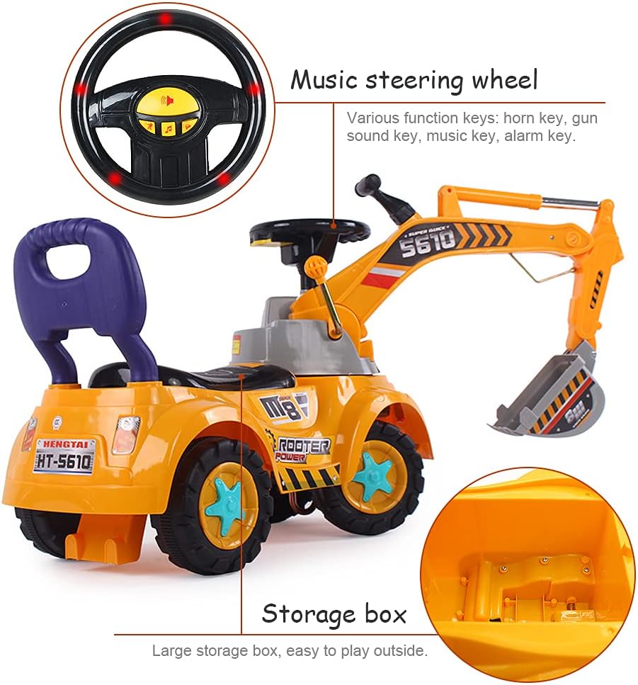 Hitish Ride-on Excavator Car, Full Functional Ride On Excavator Walker Sliding Digger Construction Vehicles Tractor Toy