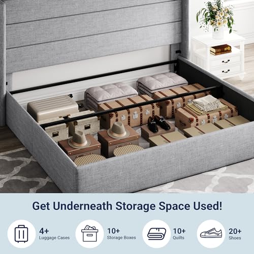 Allewie Full Size Lift Up Storage Bed, Modern Wingback Headboard, Hydraulic Support, No Box Spring Needed, Light Beige