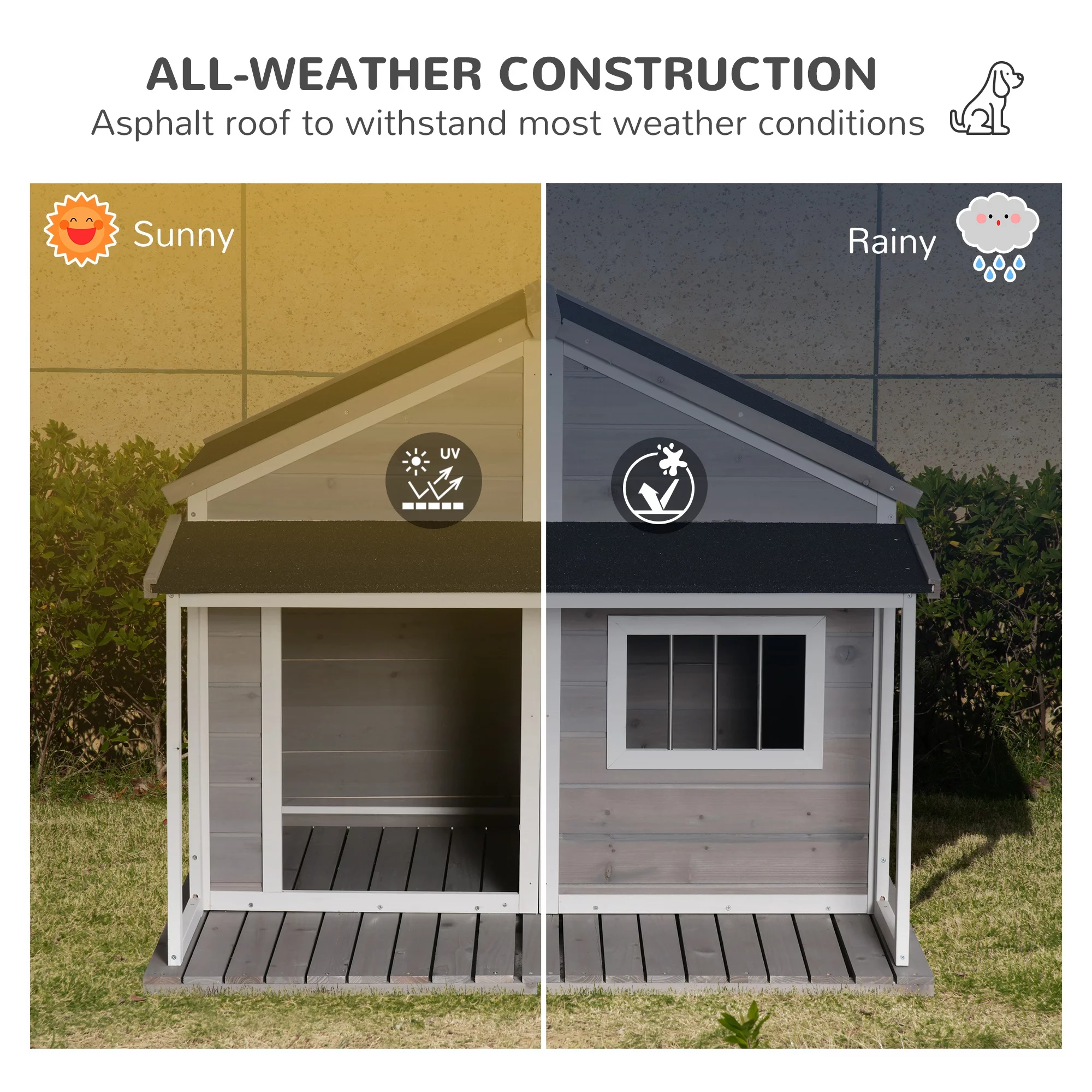 PawHut Outdoor Dog House Cabin Style, Wooden Raised Pet Kennel with Asphalt Roof, Front Door, Side Window, Porch for Medium/Large Dogs