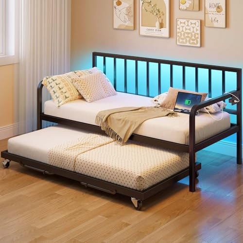 Rolanstar Daybed with Charging Station and LED Lights, Height Adjustable Twin Daybed with Trundle