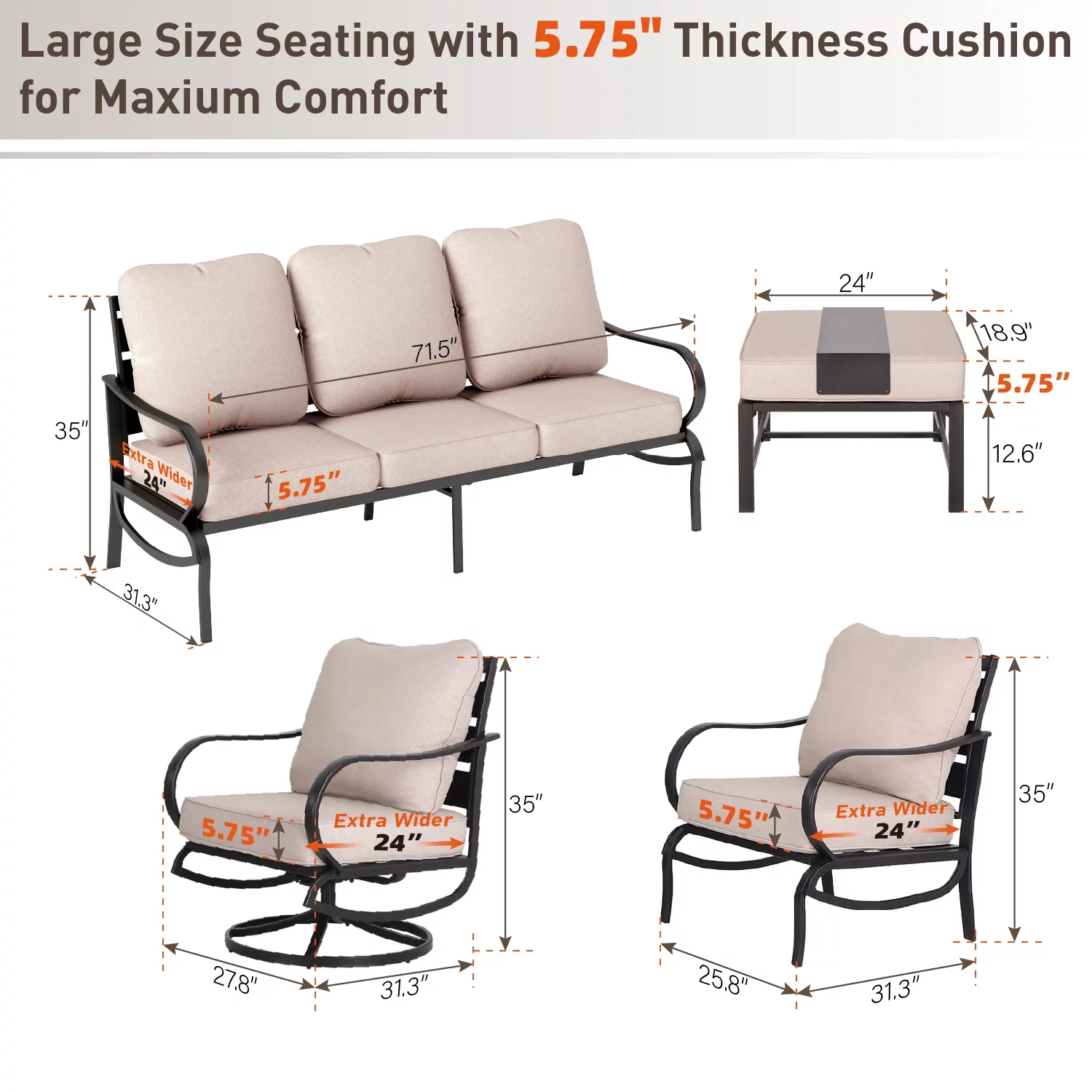 MF Studio 9-Seat Patio Conversation Set Metal Outdoor Furniture Sofa Set for 9 Person Beige