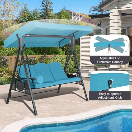 PURPLE LEAF Outdoor Patio Porch Swing with Adjustable PVC Canopy, 3-seat Swing Chair Bench with Side Cup Holder for Backyard Front Porch Lawn