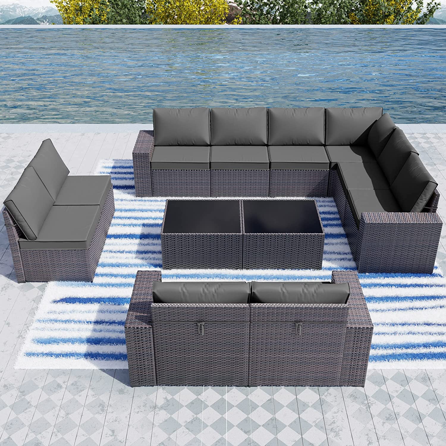 Popular Outdoor Patio Furniture Set 6 Pieces Sectional Rattan Sofa Set Brown PE Rattan Wicker Patio Conversation Set with 5 Navy Blue Seat Cushions