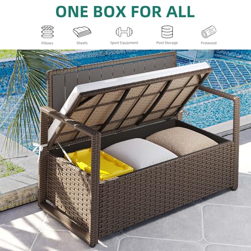 YITAHOME 90 Gallon Outdoor Wicker Storage Bench w/Cushion, Large PE Rattan Deck Storage Box w/Handles & Hydraulics for Patio Furniture, Cushions