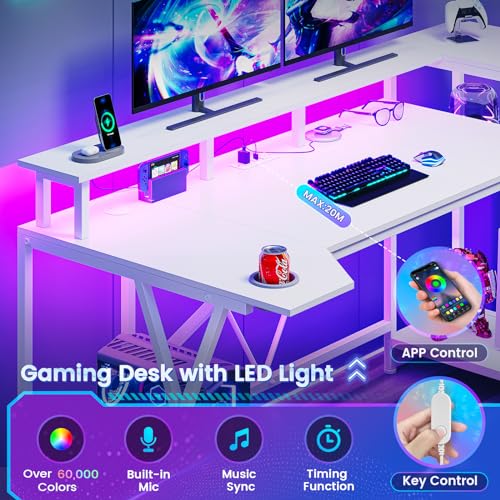 SEDETA Gaming Desk 70.8'' with LED Lights and Storage Shelves, Computer Desk with Monitor Stand, Power Outlets and Cup Holder, Large PC Gamer Desk