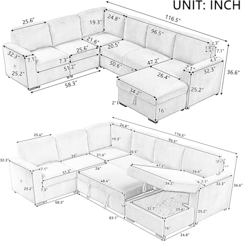 L-Shaped Pull Out Sleep Sofabed,Modern Reversible Sleeper Sectional Sofa Chenille Upholstered Button Tufted Decor with Storage Chaise