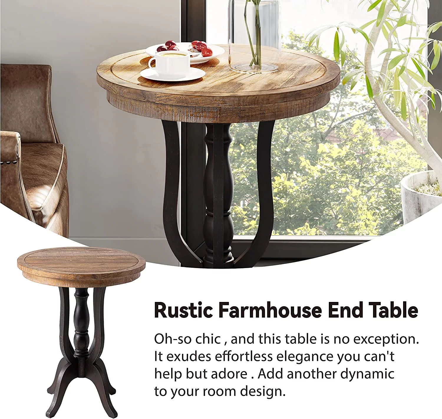 Rustic Farmhouse End Table, Natural Top Side Table for Family, Dinning or Living Room, Handcrafted Finish, Modern, Black