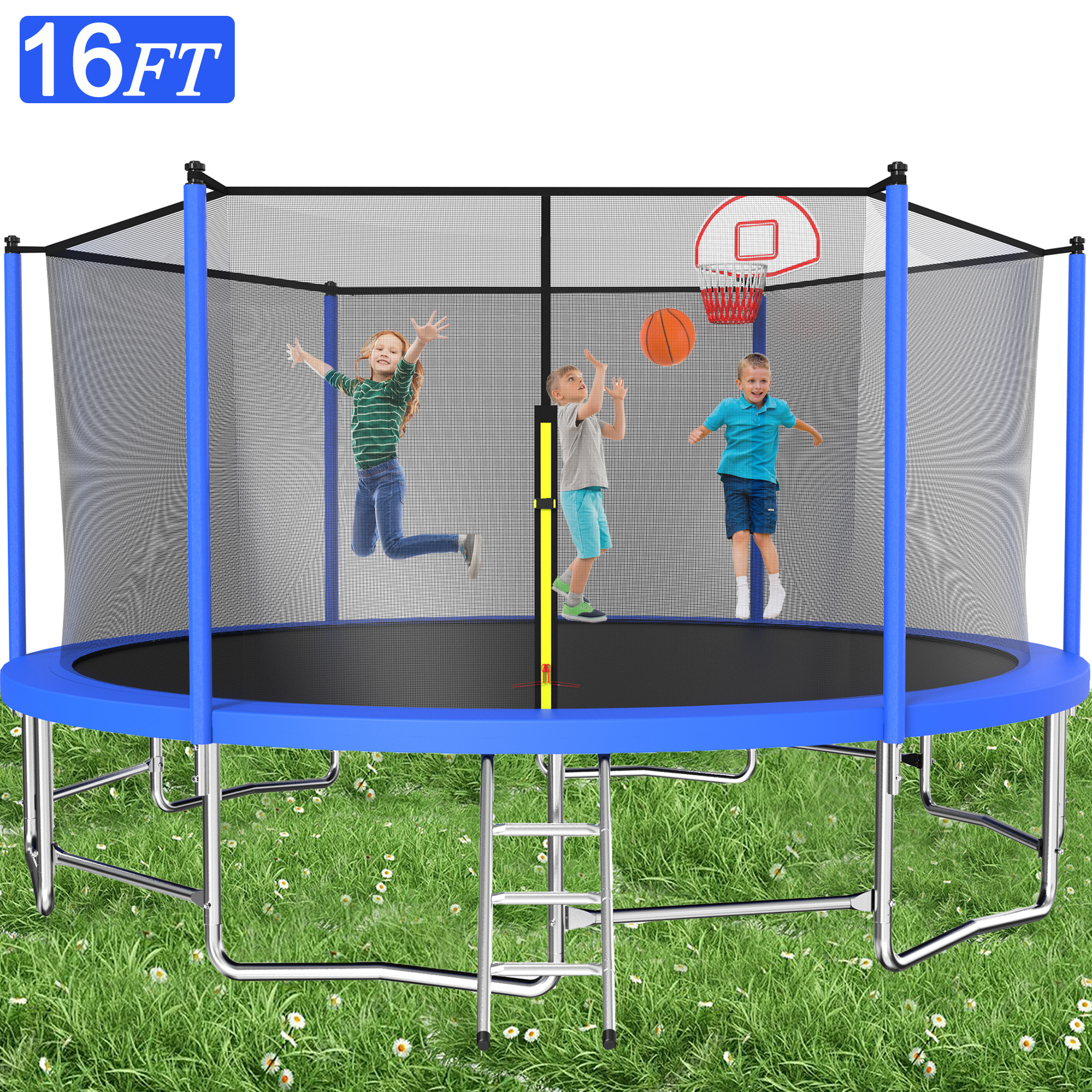 Trampoline for Kids, 16FT Large Trampoline with Enclosure & Reinforced Frame, 2-IN-1 Adults Rebounder & Basketball Hoop with Balance Bar