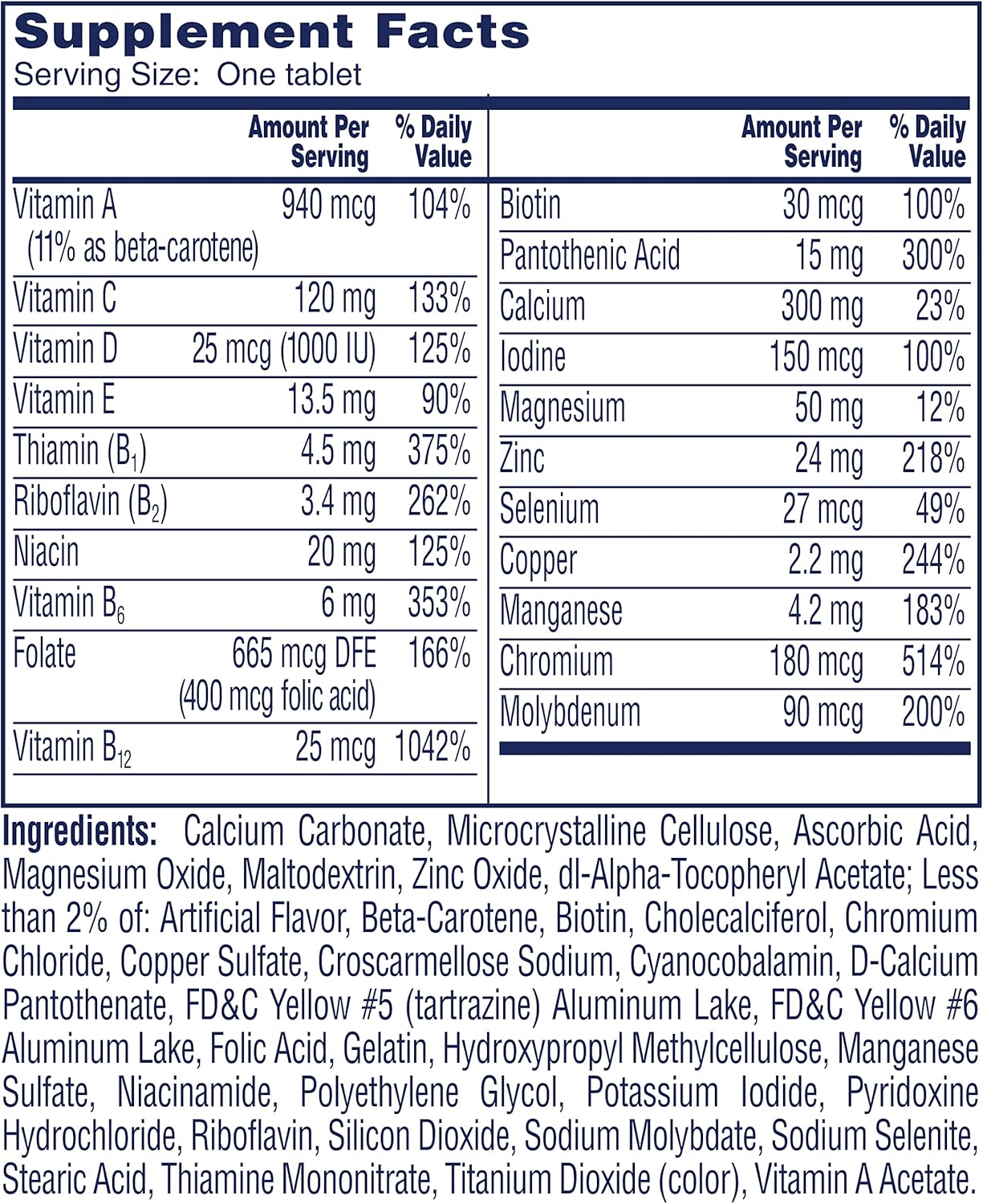 One A Day Women’s 50+ Multivitamins Tablet, Multivitamin for Women with Vitamin A, C, D, E and Zinc for Immune Health Support*, Calcium & more