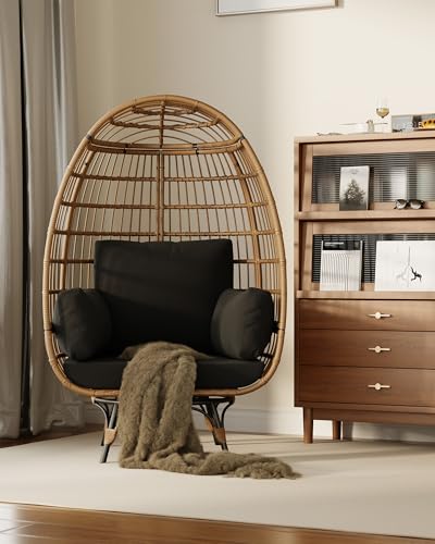 Oversize 360°Swivel Egg Chair Patio Rotating Rattan Egg Basket Lounge Chair, Wicker Egg-Shaped Chair w/Steel Frame Stand and 4 Cushions for Patio