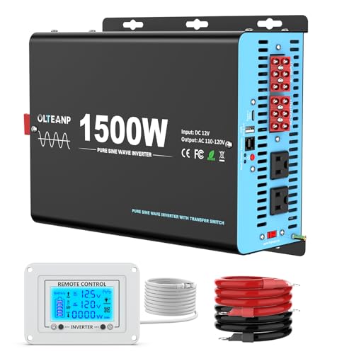1500W Pure Sine Wave Inverter with Transfer Switch, 12V DC to 120V AC Converter with 2AC Outlets, USB Port, Type-C Port, Remote Controller