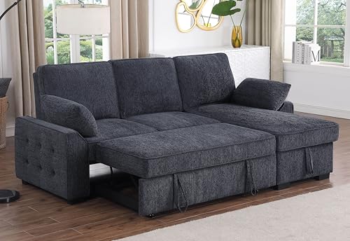 L-Shaped Pull Out Sleep Sofabed,Modern Reversible Sleeper Sectional Sofa Chenille Upholstered Button Tufted Decor with Storage Chaise