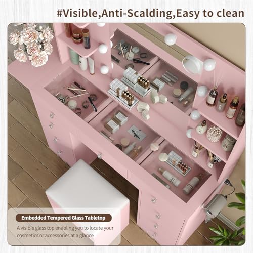 Vanity Desk & Power Outlet, Makeup Vanity with Mirror and 10 LED Lights, 3 Lighting Modes Brightness Adjustable