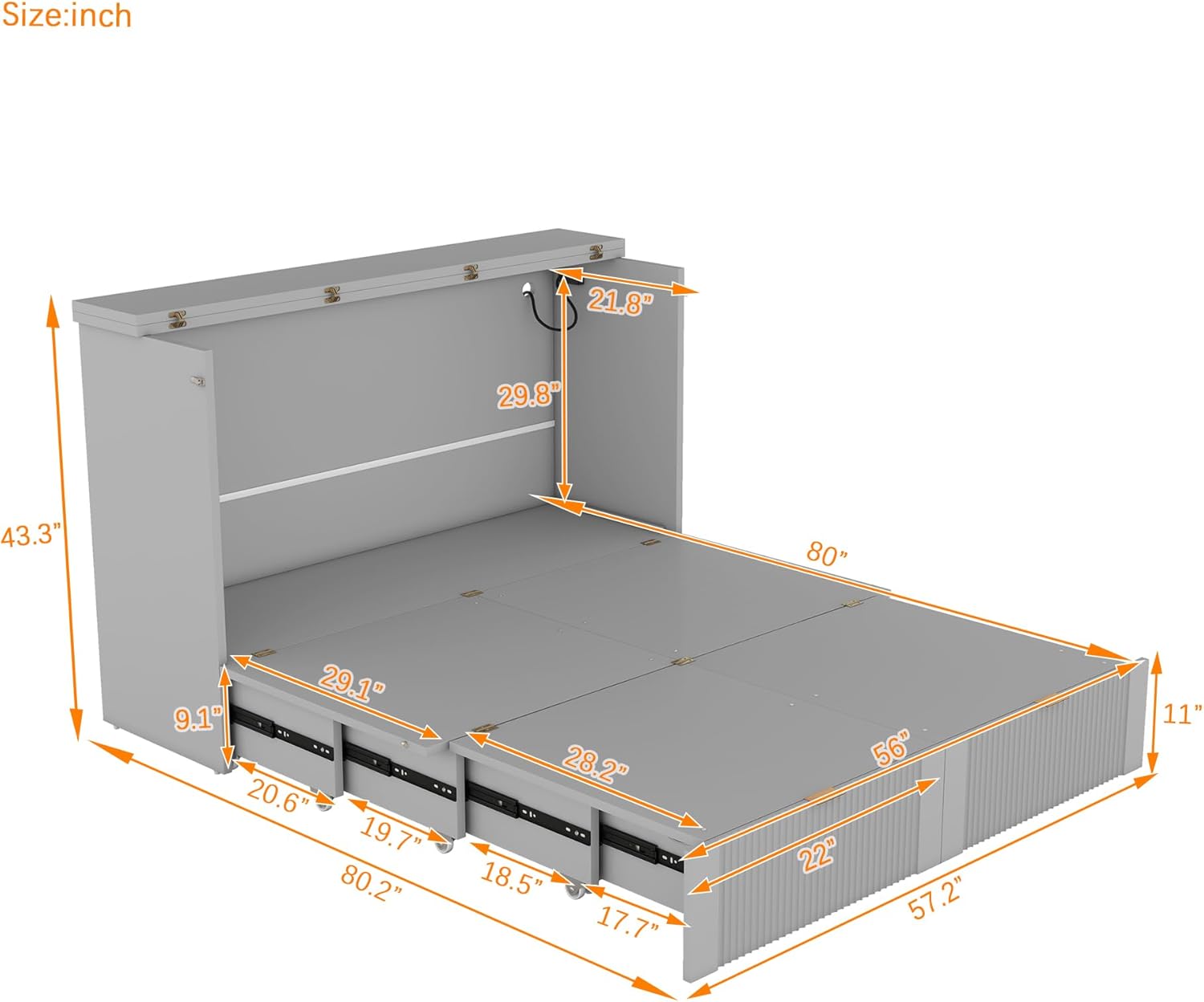 Full Size Murphy Bed Wall Bed with Storage Drawers, Foldable Platform Bed with A Set of Sockets, Cabinet Bed for Home Office or Small Room