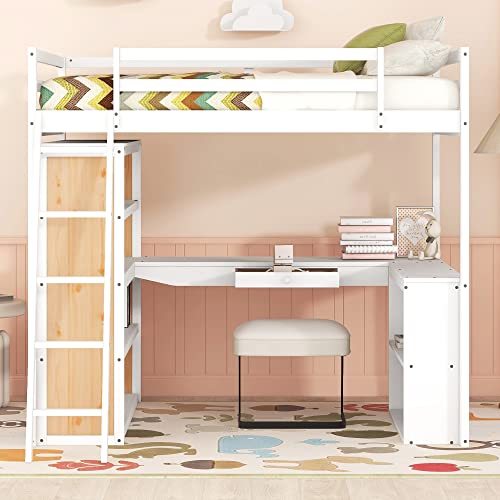 Twin Loft Bed with Staircase, Desk and Wardrobe, Wood Loft Bed with Storage Shelves and Safety Guardrail