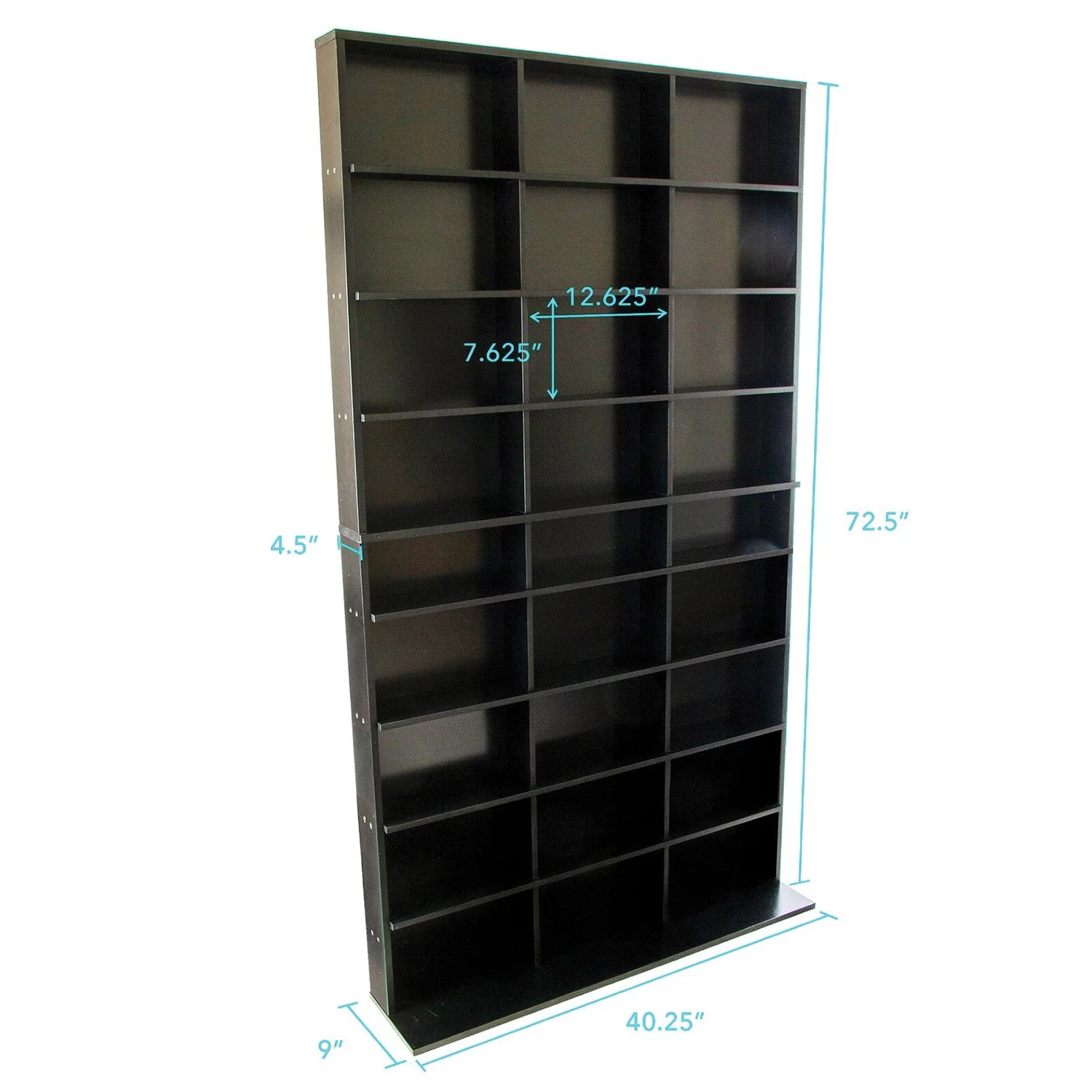 Atlantic 40"x71" Elite XL 9-Shelf Wood Media Storage Shelf Bookcase, Fixed Shelves, Solid Black