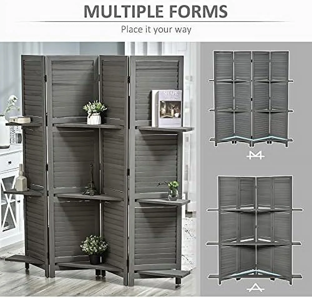 RUNFAYBIU 4 Panel 67" Tall Wood Privacy Screen Room Divider with 3 Display Shelves  and Folding  for Bedroom or Home Office  Grey