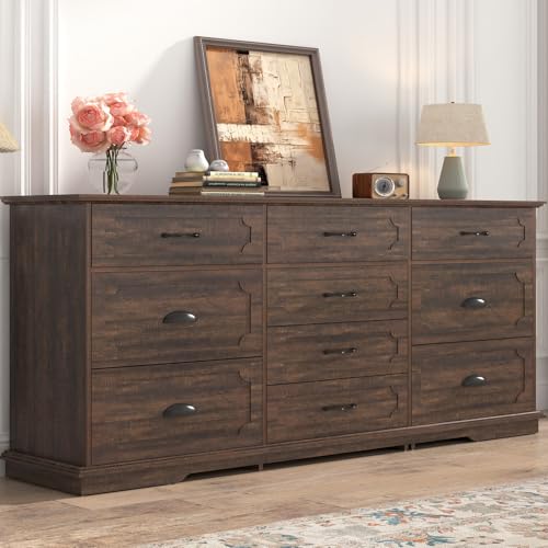70inch Large Long Dresser w/Charging Station,10 Drawer Dresser w/Deep Big Drawers,Wooden Chest of Drawers w/Power Outlet,White Dressers for Bedroom