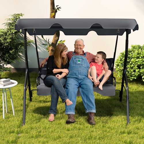 Tangkula 3 Person Porch Swing, Patio with Removable Cushion & Powder-Coated Steel Frame, Outdoor Swing with Canopy for Porch, Backyard, Garden