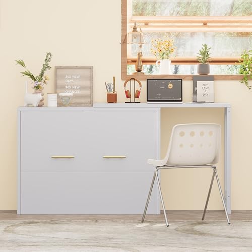 Twin Murphy Bed with Mattresses, Folding Cabinet Bed with Adjustable Position Desk
