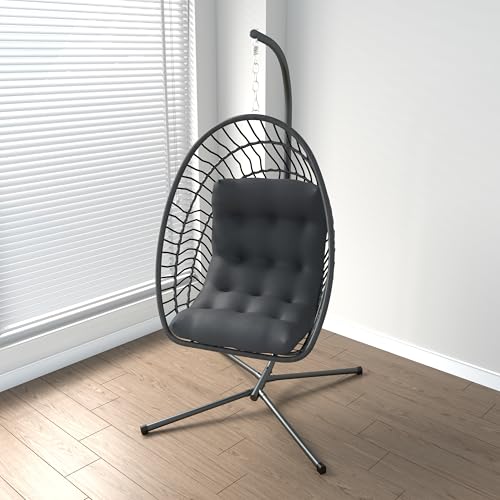 Hanging Egg Chair with Stand Indoor Outdoor, Foldable Rattan Wicker Hammock Egg Swing Chair for Bedroom Porch Patio Garden, Thickened Cushion